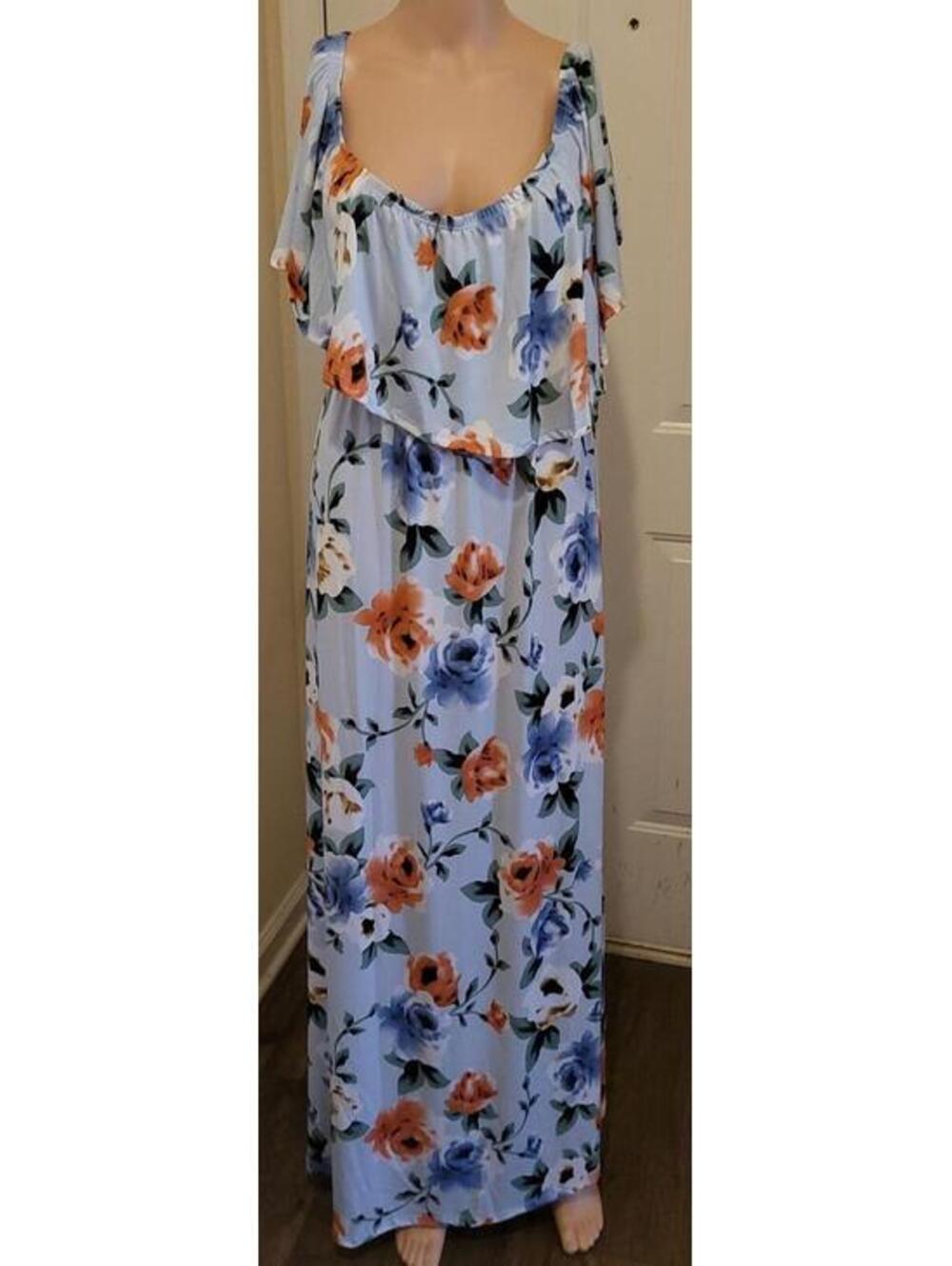 My Bump Women's Ruffle Off-Shoulder Floral Maxi Multi Color Dress Blue Size XL